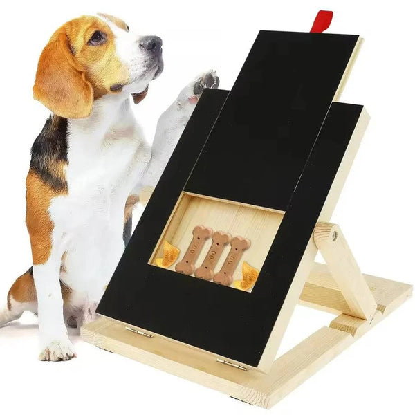 Beagle sitting beside the Noblias dog nail scratch board, an angled sanding board with a built in treat box for filing dog nails at home.