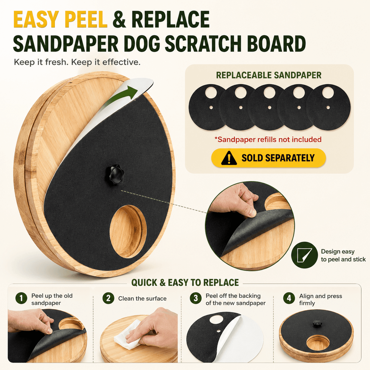Easy peel and replace panel showing the sandpaper disc lifting off the board in four steps, with a note that refill sheets are sold separately