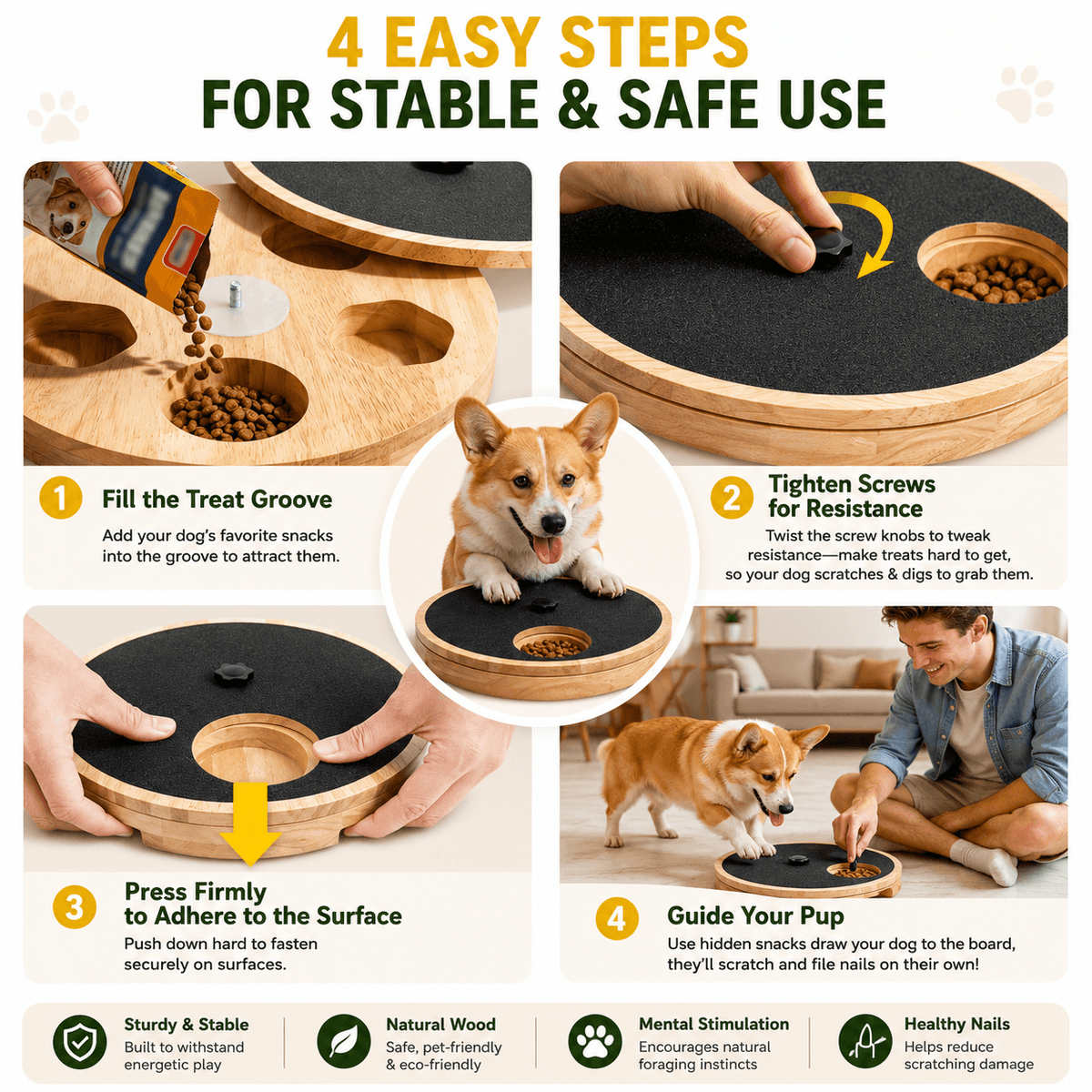 Four steps for stable use: fill the treat groove, tighten the screw for resistance, press the base firmly to the floor and guide your dog