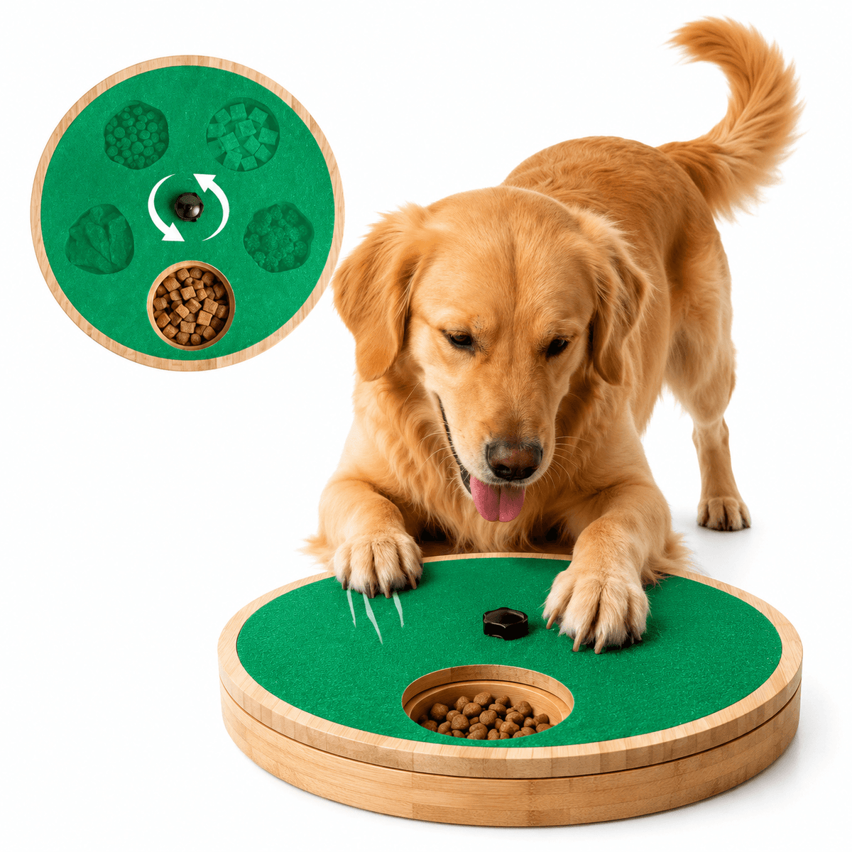 Green version of the round dog nail scratch pad with its treat holes, shown beside a Golden Retriever