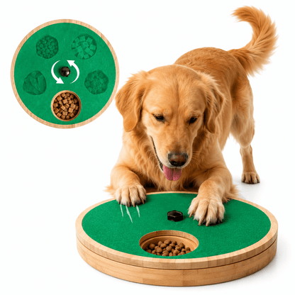 Green version of the round dog nail scratch pad with its treat holes, shown beside a Golden Retriever