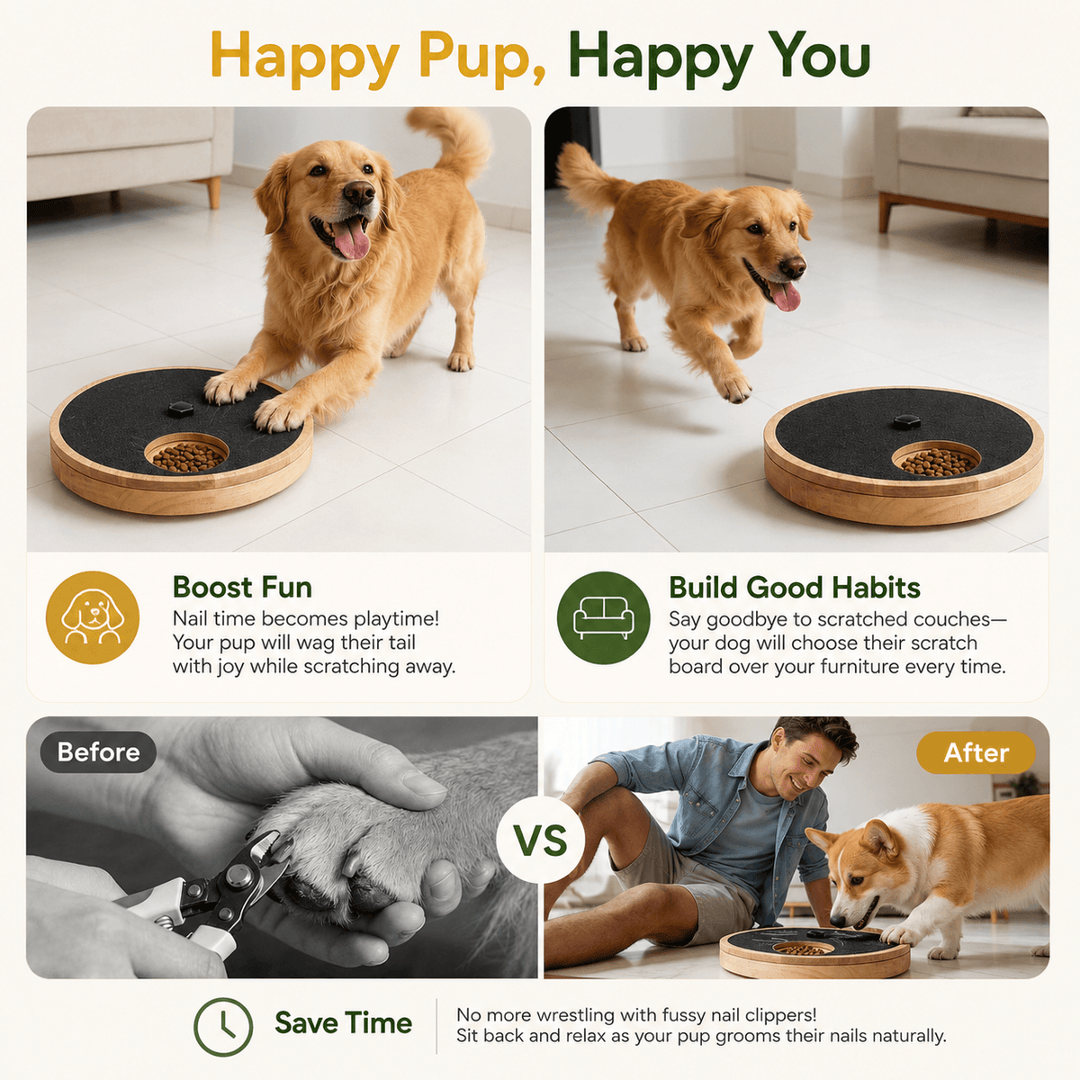 Happy pup panel contrasting a struggle with nail clippers against a dog using the scratch pad calmly with its owner