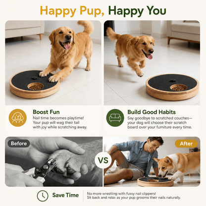Happy pup panel contrasting a struggle with nail clippers against a dog using the scratch pad calmly with its owner