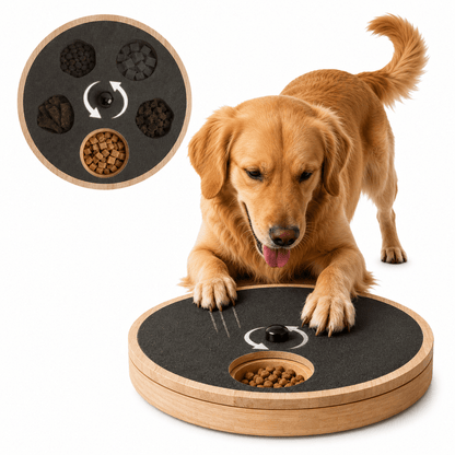 Golden Retriever pawing the round wooden Noblias dog nail scratch pad, with a close-up of the treat holes in the turntable