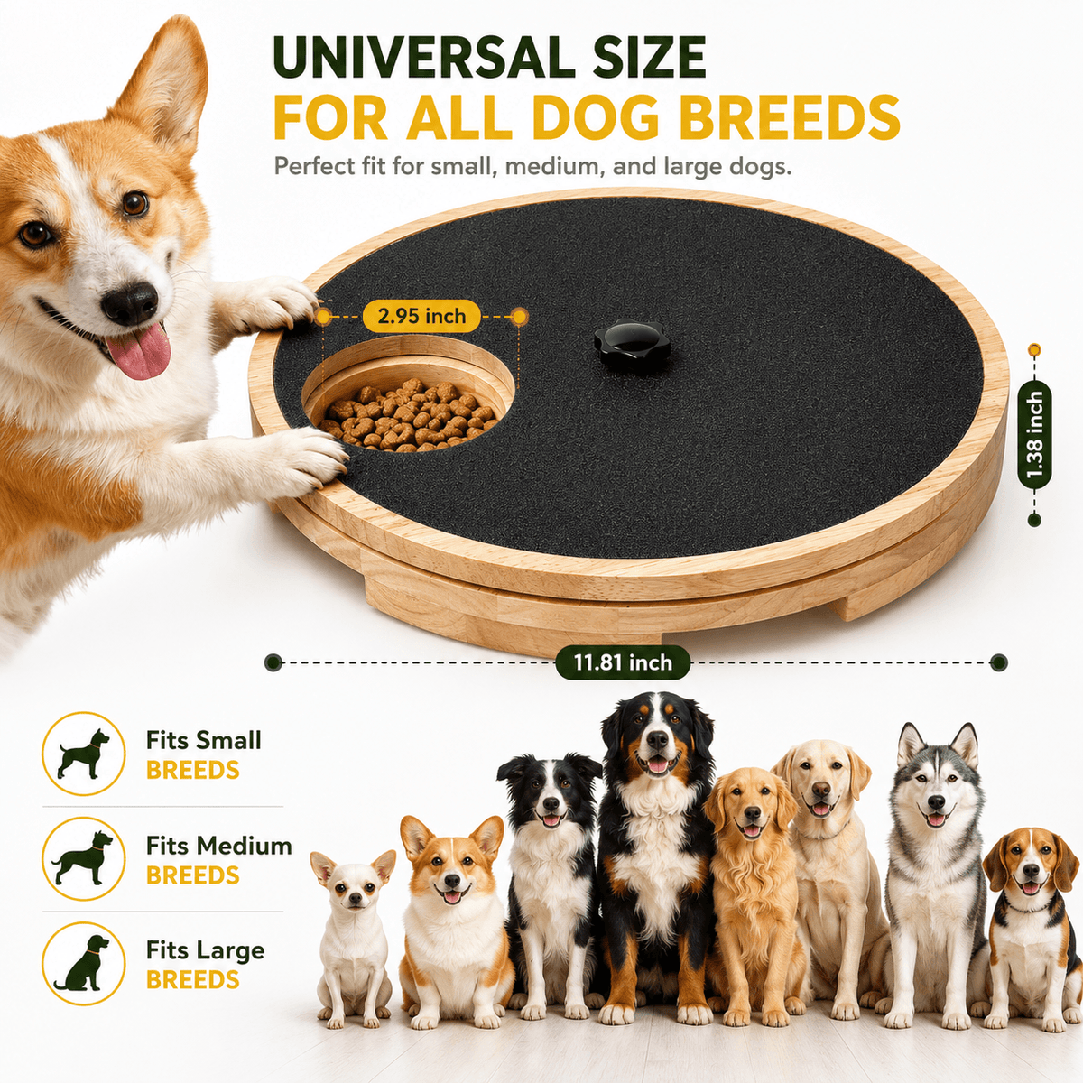 Universal size panel giving the 11.81 inch diameter, 1.38 inch height and 2.95 inch treat hole, with small, medium and large breeds lined up beside it