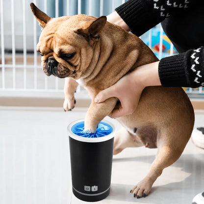 French bulldog with a front paw inside the black Noblias automatic paw cleaner cup while its owner holds the leg steady.