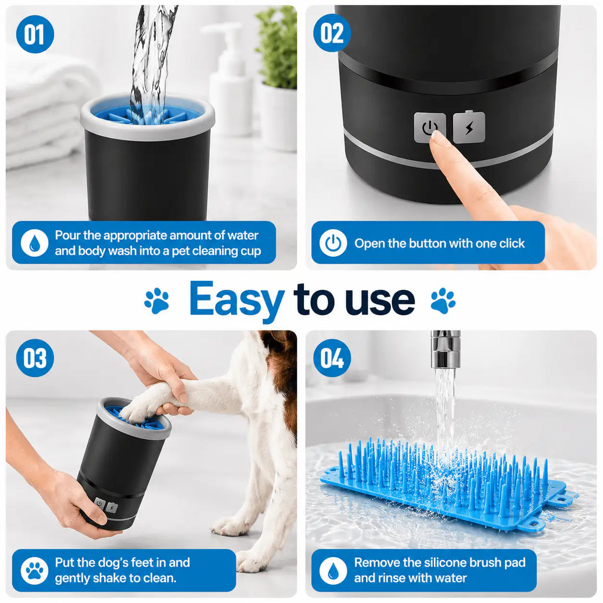 Four steps for the Noblias paw cleaner: add water and wash, press the button, insert the paw and shake, then rinse the brush pad.