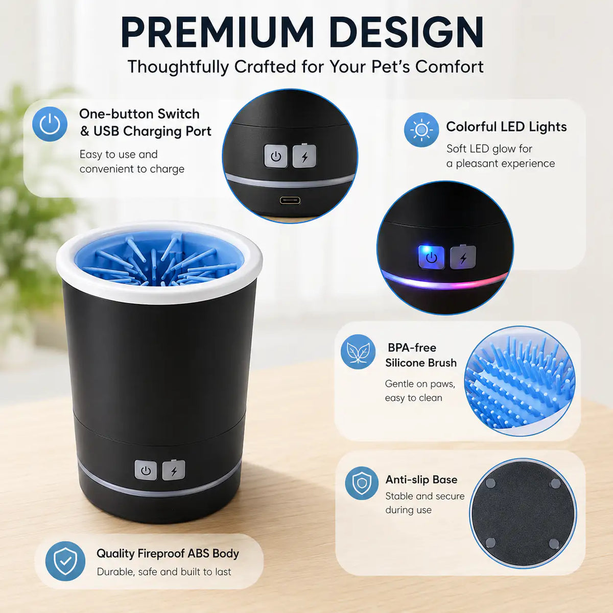 Design details of the Noblias paw cleaner: one-button switch, USB charging port and soft color LED glow around the base.
