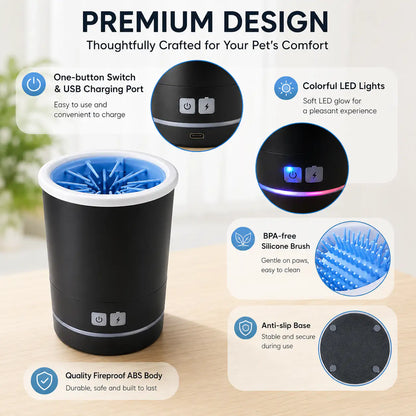 Design details of the Noblias paw cleaner: one-button switch, USB charging port and soft color LED glow around the base.