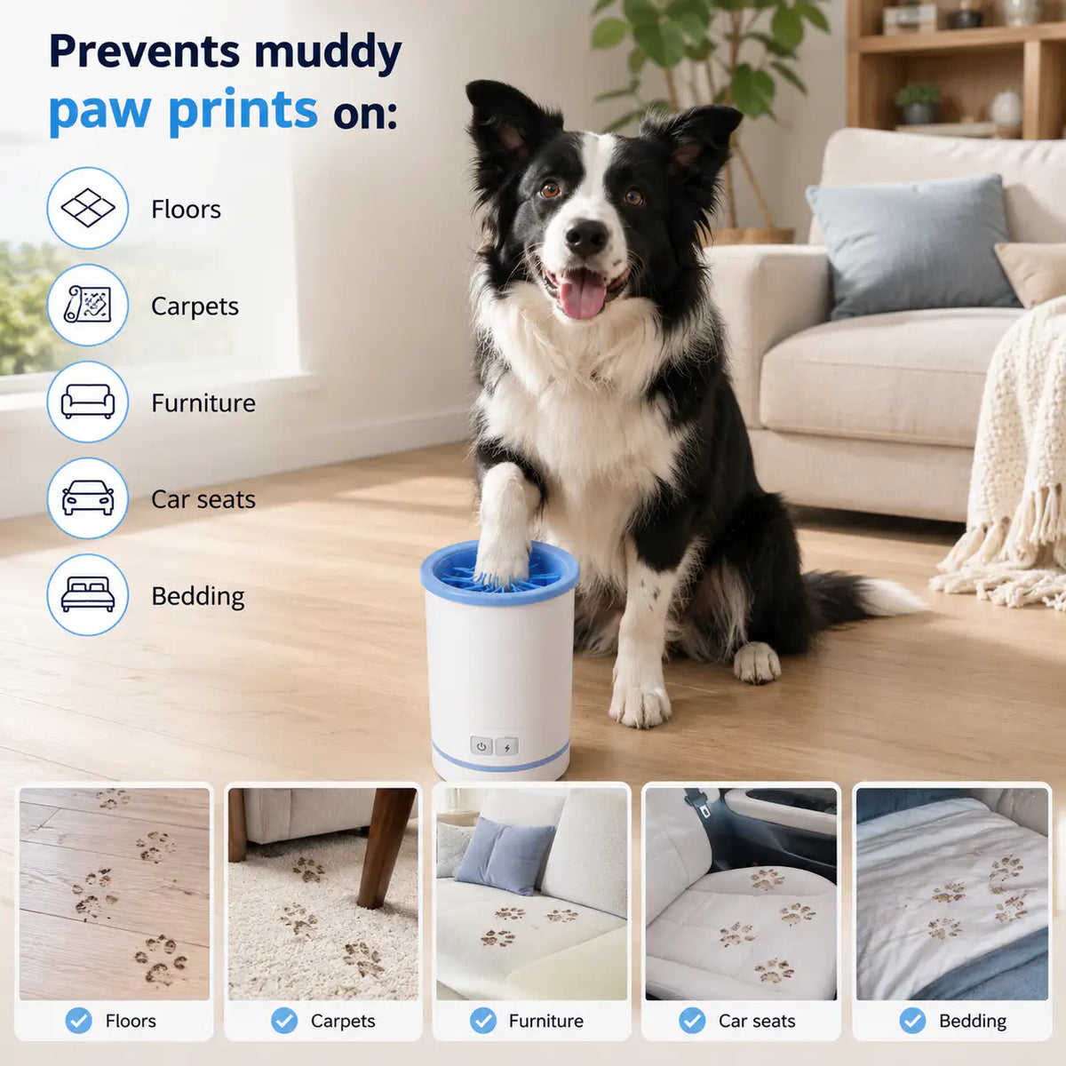 Border collie sitting on a clean living room floor beside the Noblias paw cleaner, which keeps mud off floors, carpets, furniture and car seats.