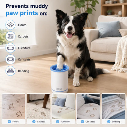 Border collie sitting on a clean living room floor beside the Noblias paw cleaner, which keeps mud off floors, carpets, furniture and car seats.