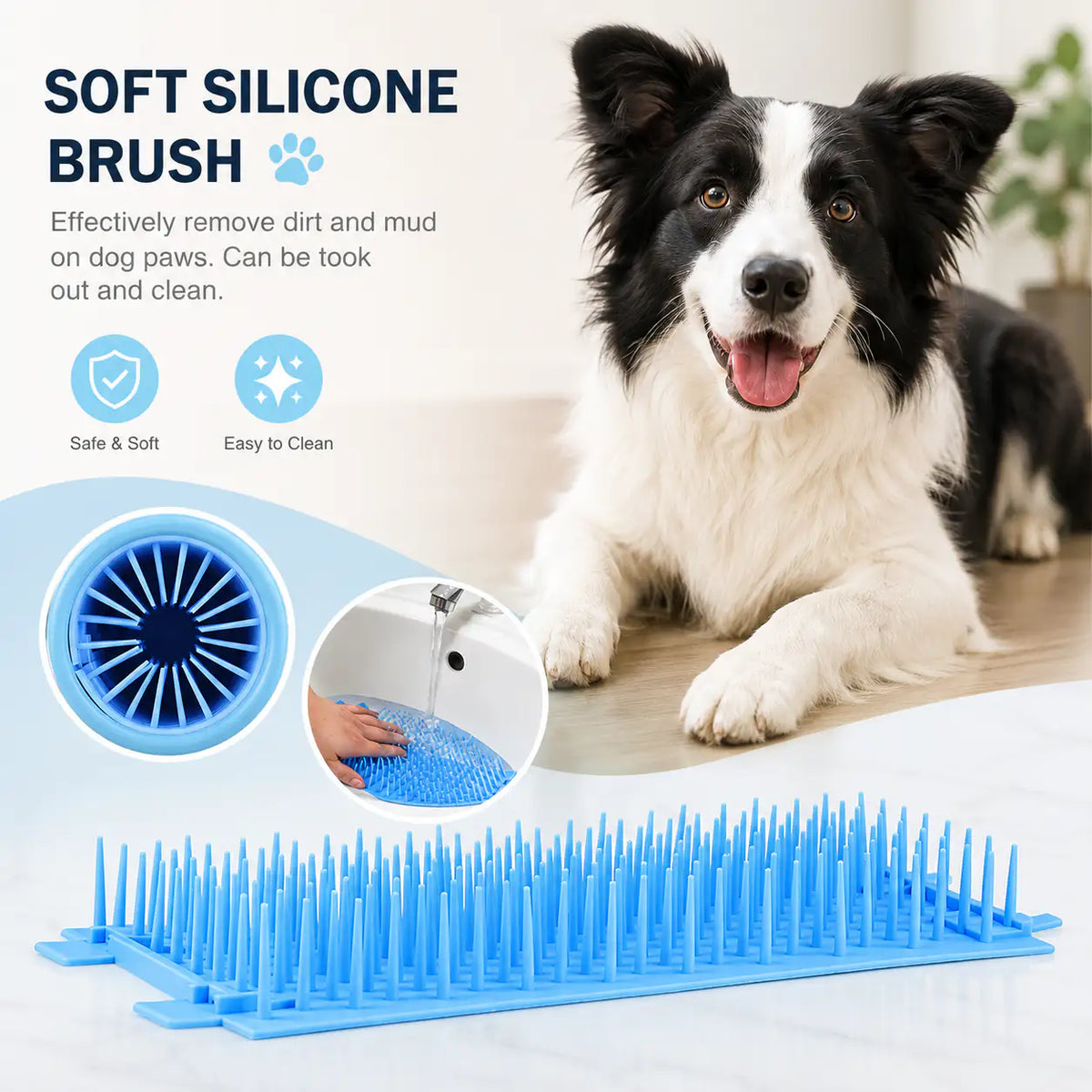 The soft silicone brush pad lifted out of the Noblias paw cleaner and rinsed flat under a tap.