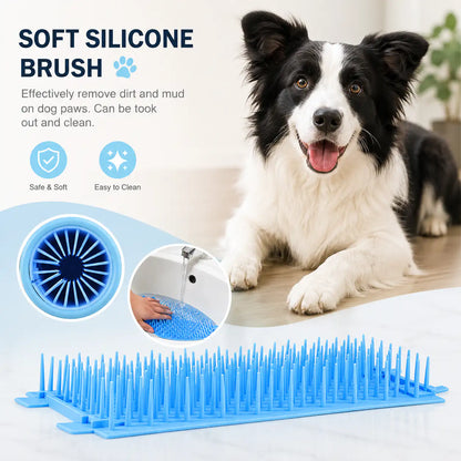 The soft silicone brush pad lifted out of the Noblias paw cleaner and rinsed flat under a tap.