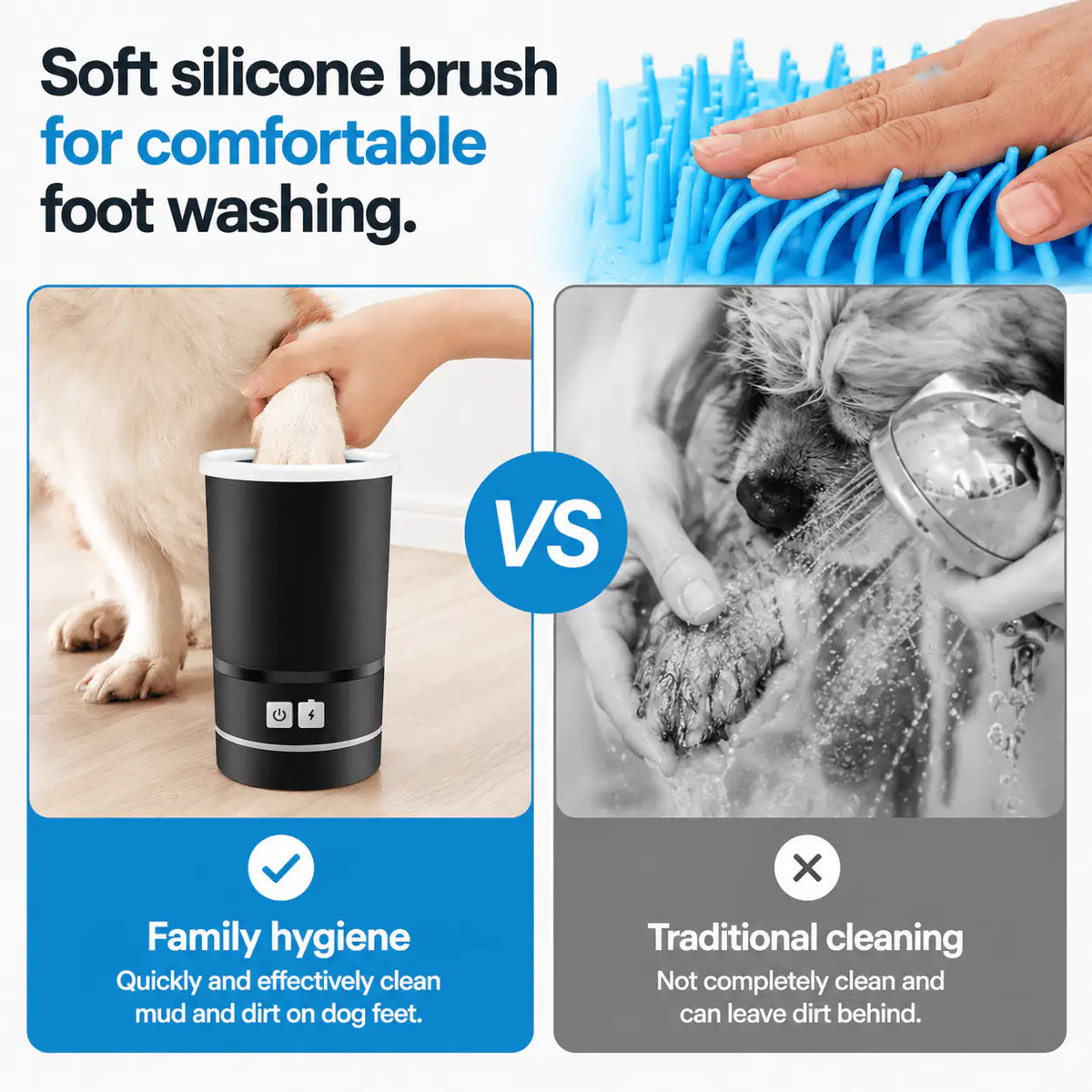 Hand pressing into the soft silicone bristles of the Noblias paw cleaner, compared with wiping a muddy paw by hand.