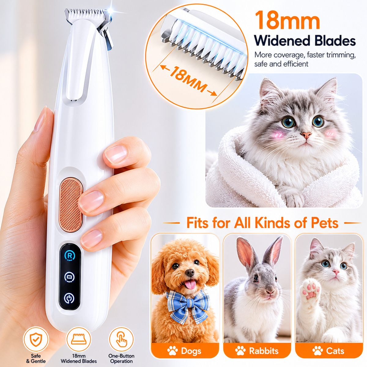 Hand holding the paw trimmer with a close-up of the 18 mm widened blade, labeled for dogs, rabbits and cats.