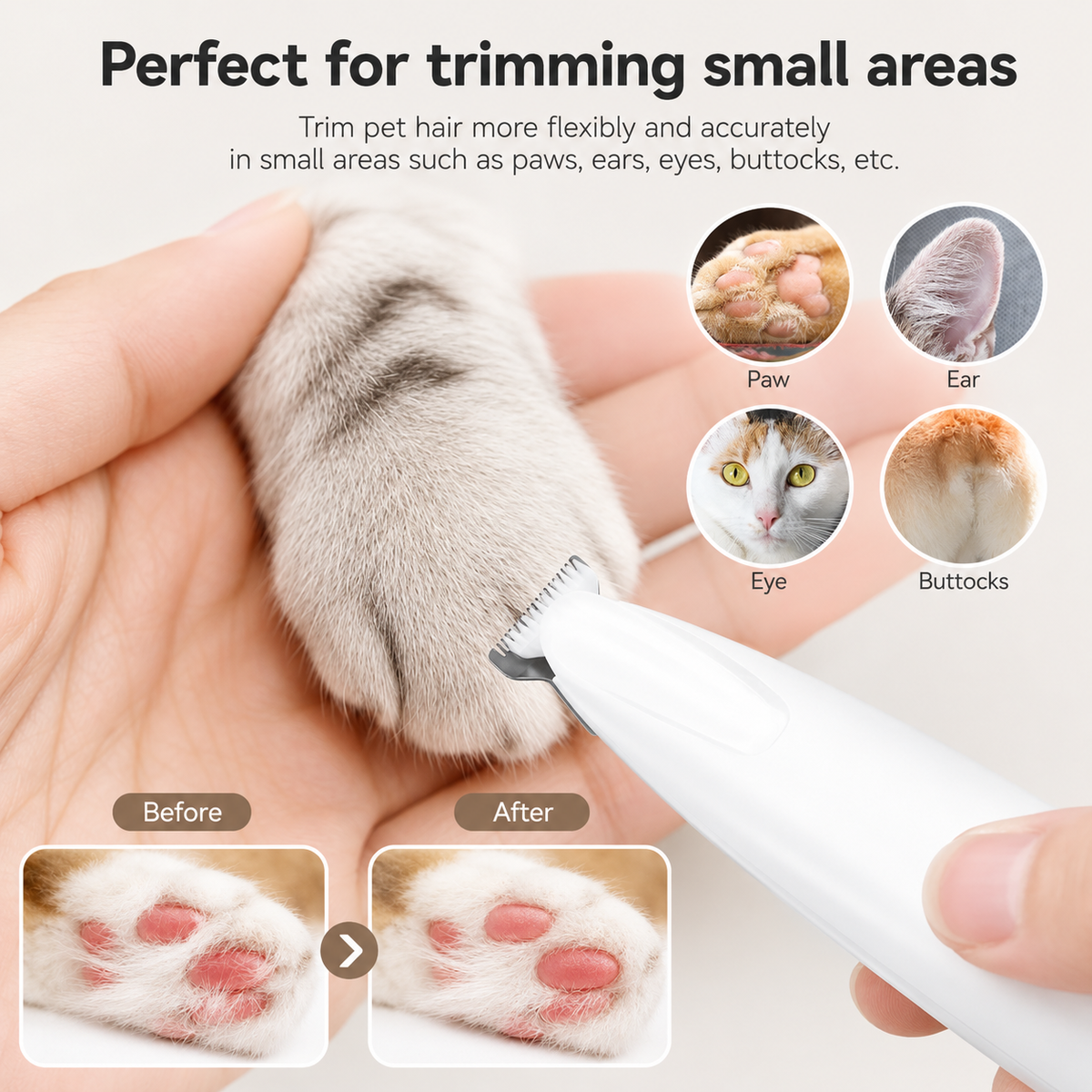 Trimmer clearing the fur between a cat's paw pads, with before and after panels and icons for paw, ear, eye and rear.