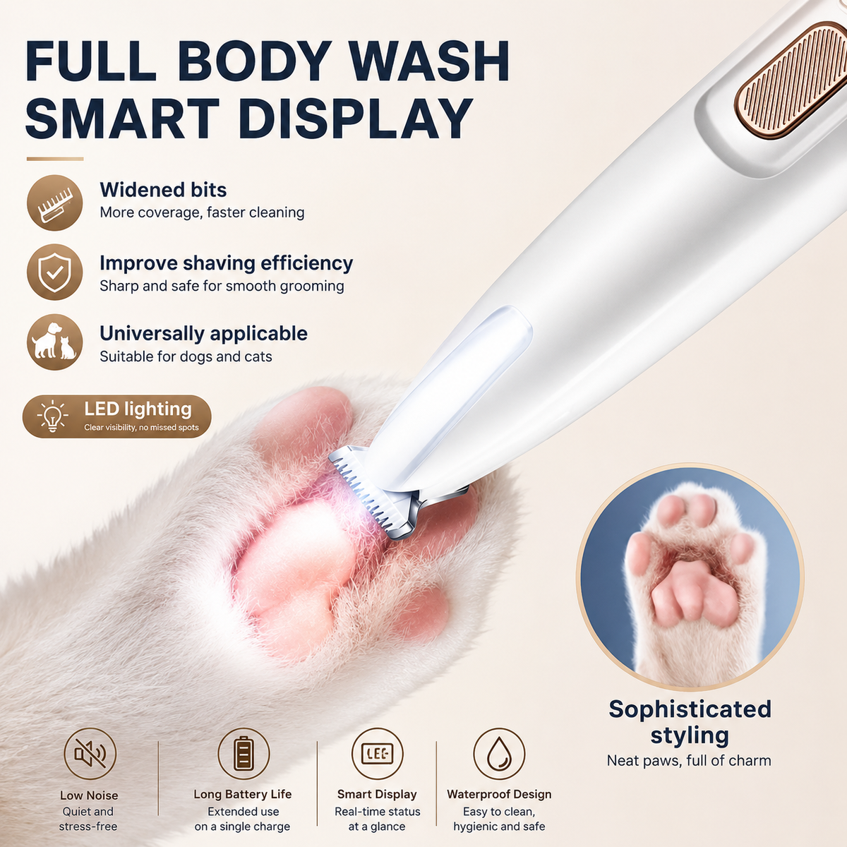Trimmer working between a cat's paw pads with badges for low noise, long battery life, smart display and waterproof design.