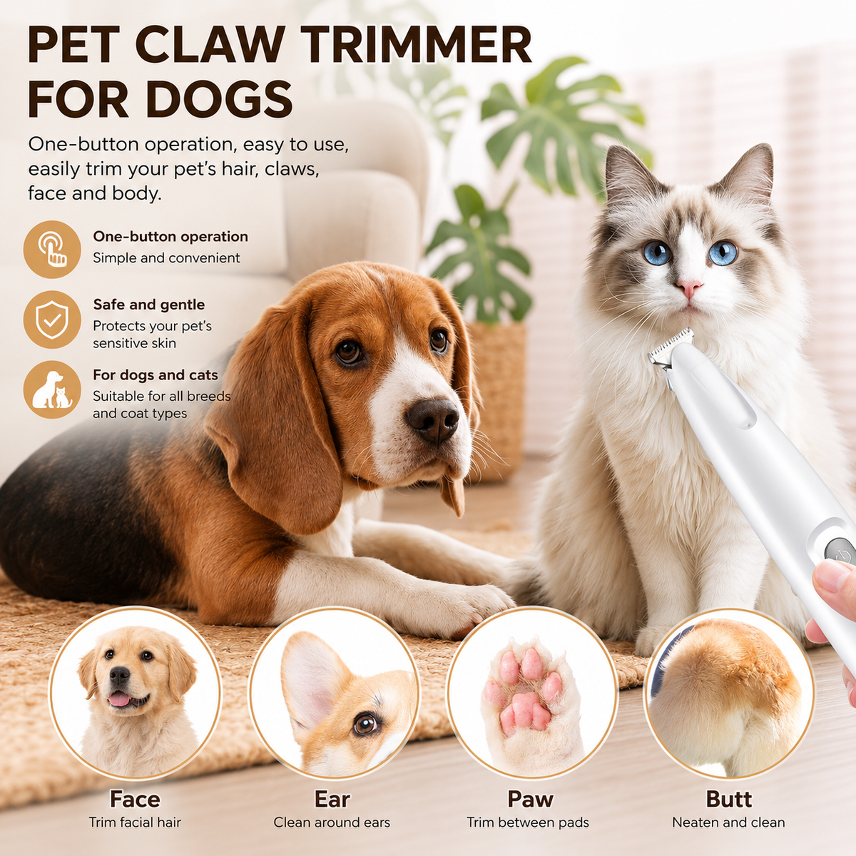 Beagle and ragdoll cat beside the trimmer with panels for face, ear, paw and rear trimming.