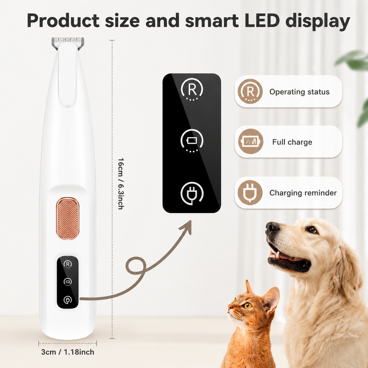 Product size of 16 cm by 3 cm and the smart LED display showing operating status, full charge and charging reminder.