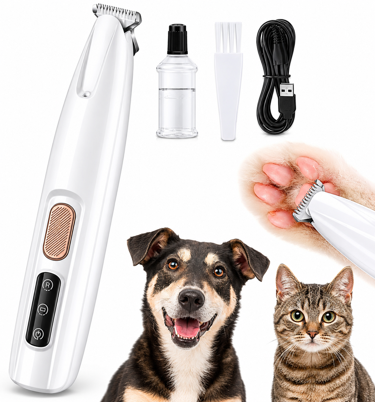 White dog paw trimmer with its guide comb, cleaning brush and USB cable, beside a dog and a cat and a paw being trimmed.