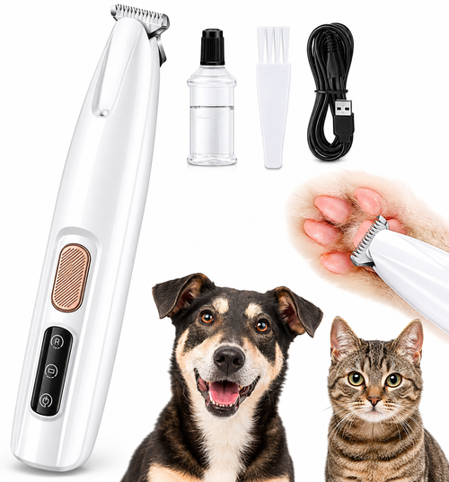 White dog paw trimmer with its guide comb, cleaning brush and USB cable, beside a dog and a cat and a paw being trimmed.