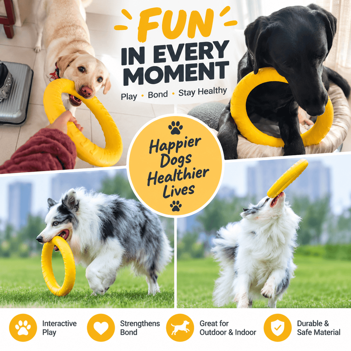 Collage of dogs playing tug and fetch with the yellow dog ring toy indoors and outdoors.