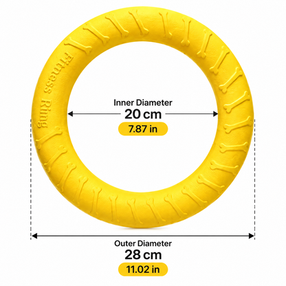 Dimension diagram of the size M dog ring toy: 28 cm outer and 20 cm inner diameter.