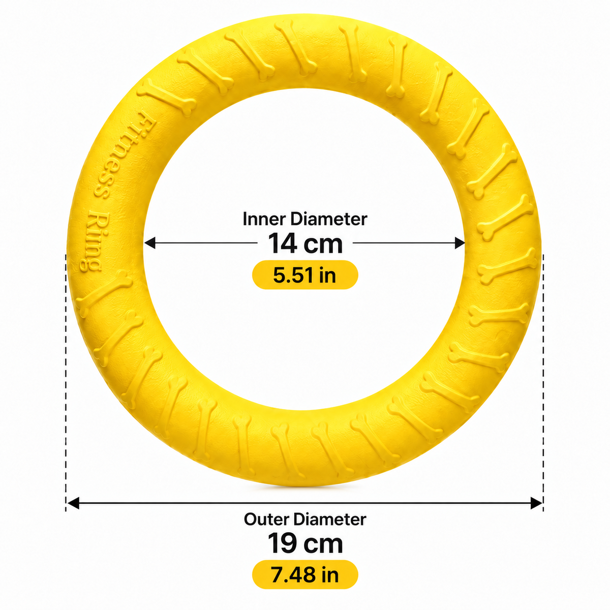 Dimension diagram of the size S dog ring toy: 19 cm outer and 14 cm inner diameter.
