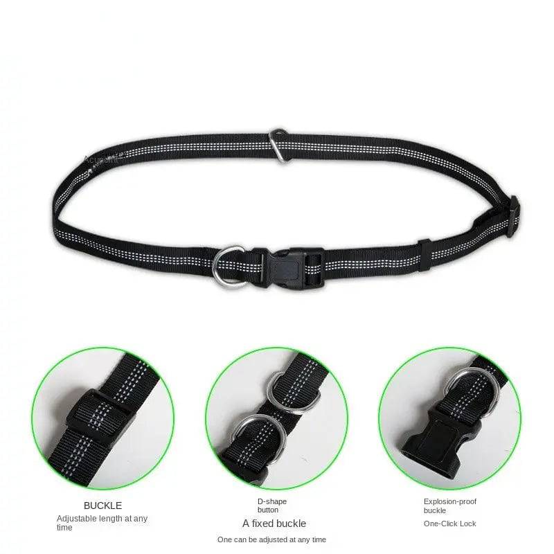 Reflective adjustable waist belt shown with three buckle details: the length-adjusting buckle, the fixed D-shape buckle, and the locking safety buckle