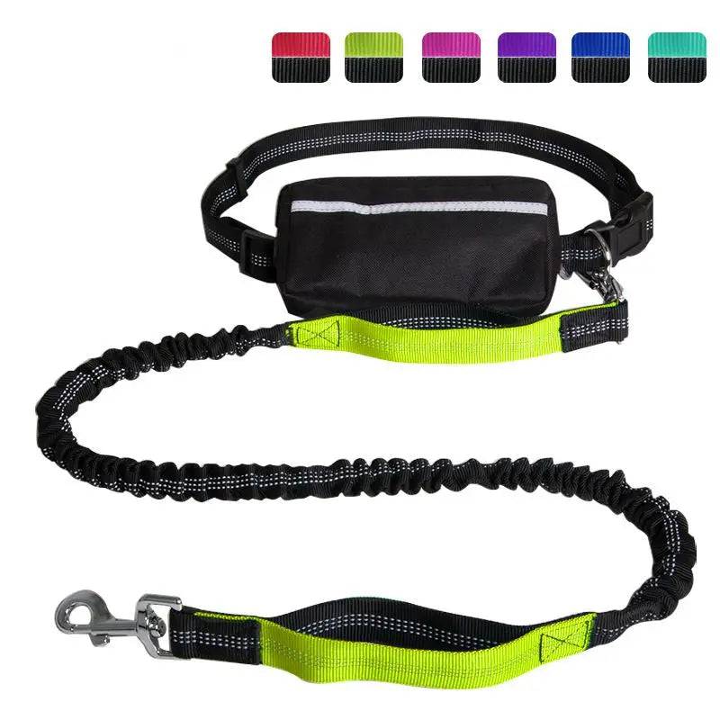 Neon green dog running belt with the black zipper pouch, reflective waist belt and neon green padded traffic handle on the bungee leash