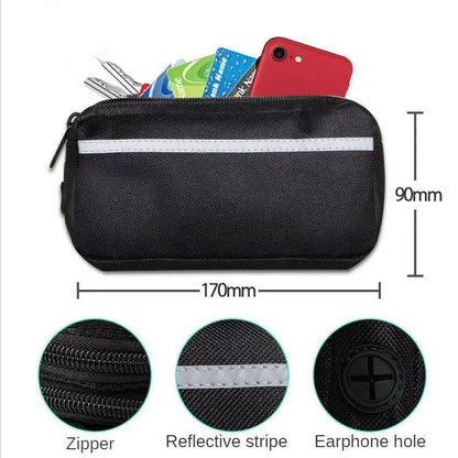 Detail of the 170 by 90 mm zipper pouch holding keys, poop bags and a phone, with callouts for the zipper, the reflective stripe and the earphone hole