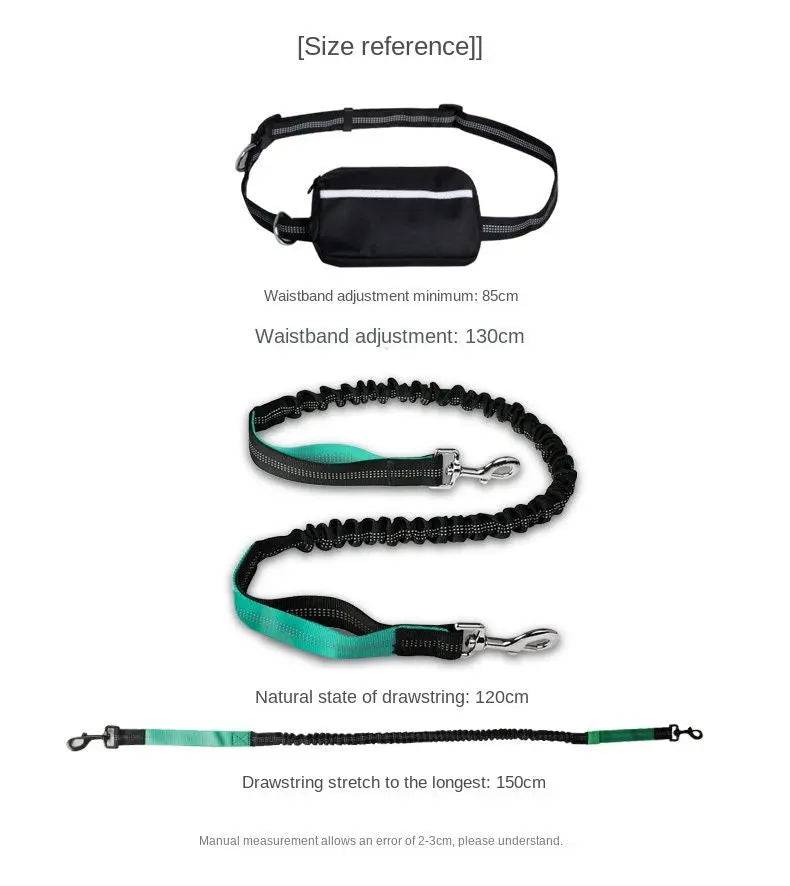 Size reference showing the waistband adjusting from a minimum of 85 cm to 130 cm, and the bungee leash at its natural length of 120 cm stretching to 150 cm