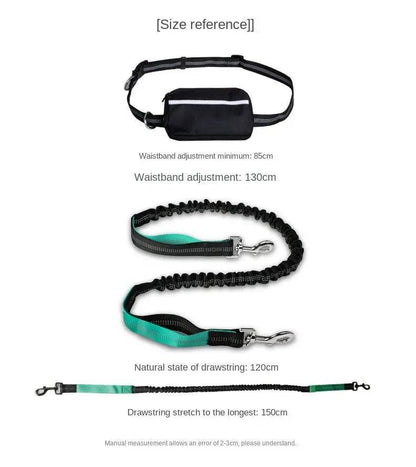 Size reference showing the waistband adjusting from a minimum of 85 cm to 130 cm, and the bungee leash at its natural length of 120 cm stretching to 150 cm