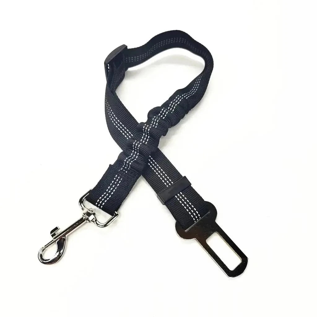 Black bungee dog seat belt laid flat, showing the reflective braided strap, sliding buckle and swivel hook