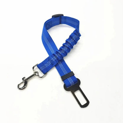 Blue bungee dog seat belt laid flat, showing the braided strap, sliding buckle and swivel hook