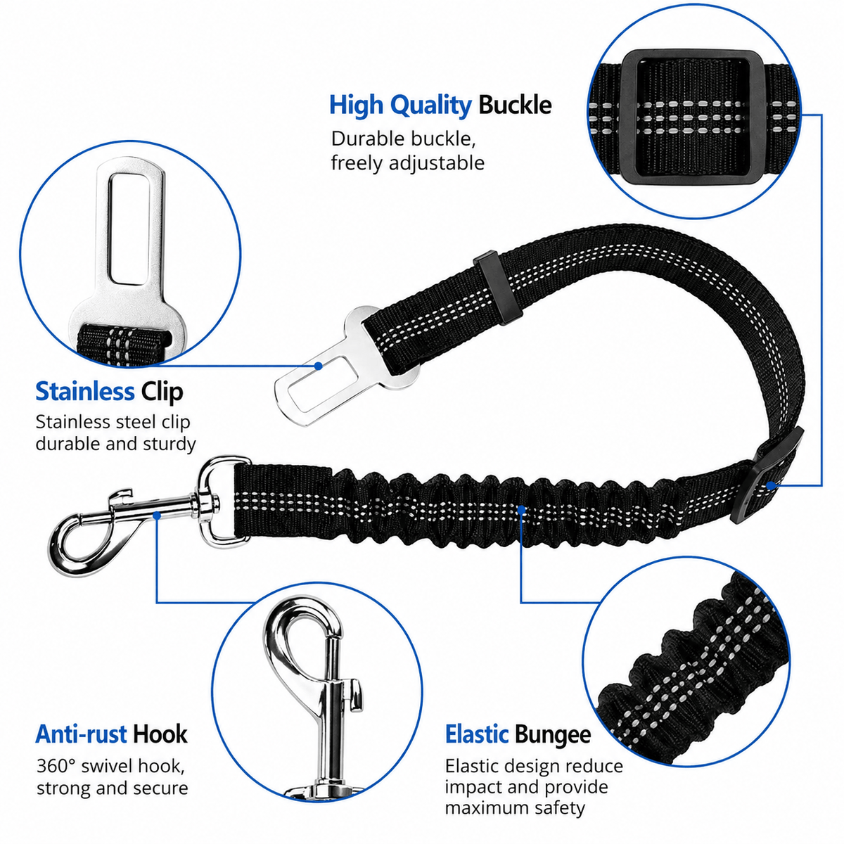 Feature diagram naming the adjustable buckle, stainless clip, anti-rust 360 degree swivel hook and elastic bungee section