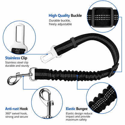 Feature diagram naming the adjustable buckle, stainless clip, anti-rust 360 degree swivel hook and elastic bungee section