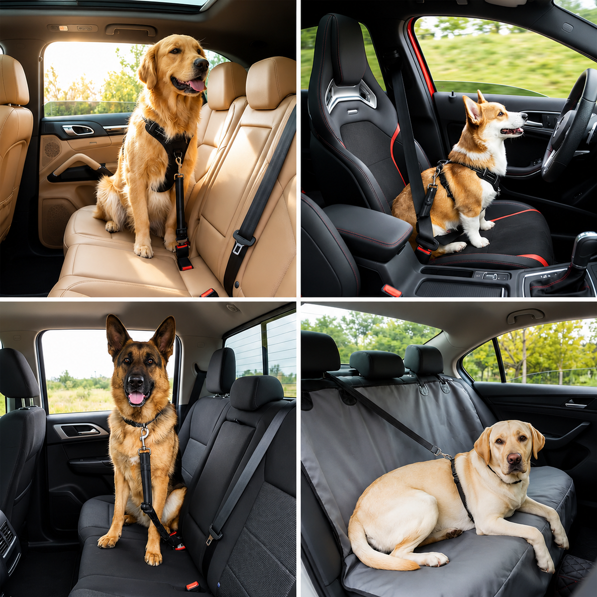 Four dogs of different sizes secured on back seats with the bungee dog seat belt clipped into the car buckle
