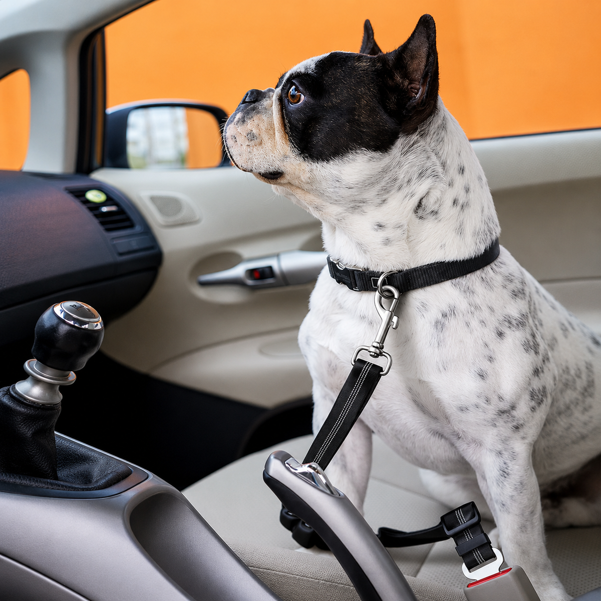 French Bulldog sitting up in a car seat clipped to the black bungee dog seat belt