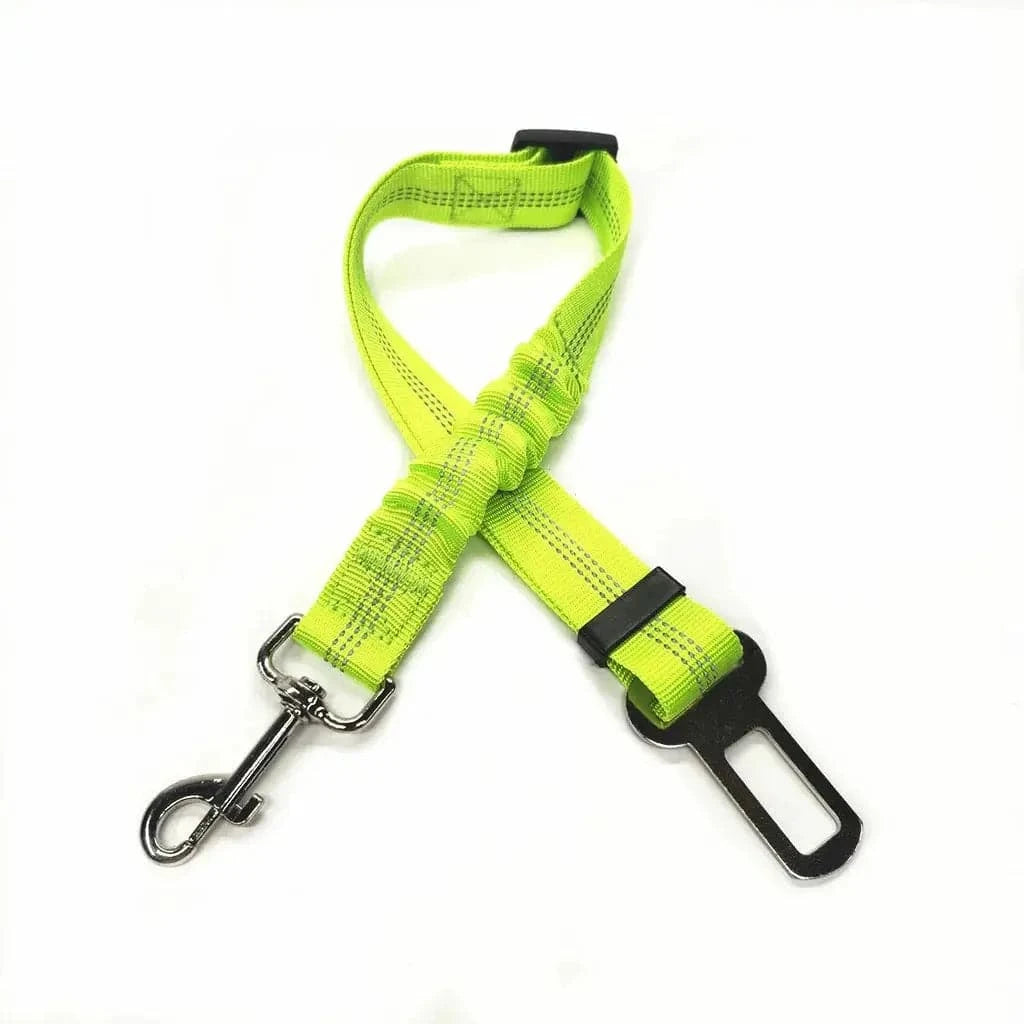 Green bungee dog seat belt laid flat, showing the braided strap, sliding buckle and swivel hook