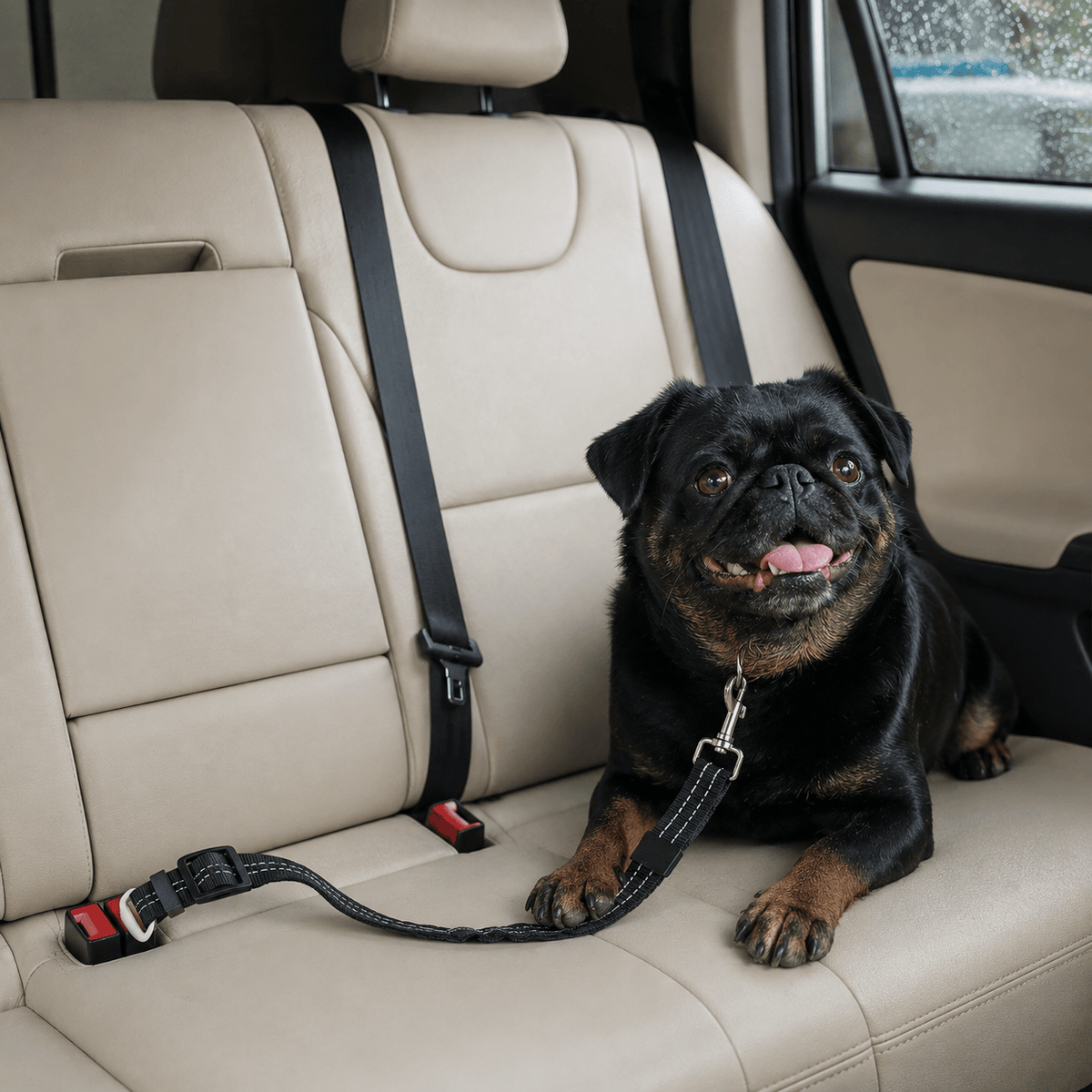 Black pug on a back seat with the bungee dog seat belt running from its harness to the seat belt buckle