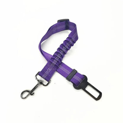 Purple bungee dog seat belt laid flat, showing the braided strap, sliding buckle and swivel hook