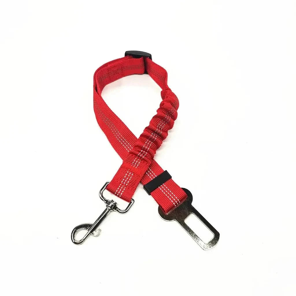 Red bungee dog seat belt laid flat, showing the braided strap, sliding buckle and swivel hook