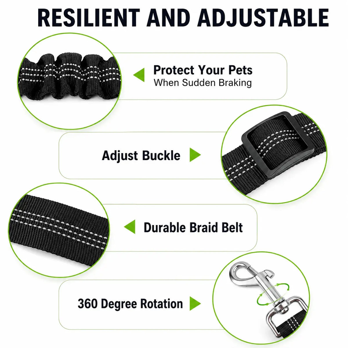 Resilient and adjustable panel showing the bungee stretching under sudden braking, the sliding buckle, braided belt and rotating hook