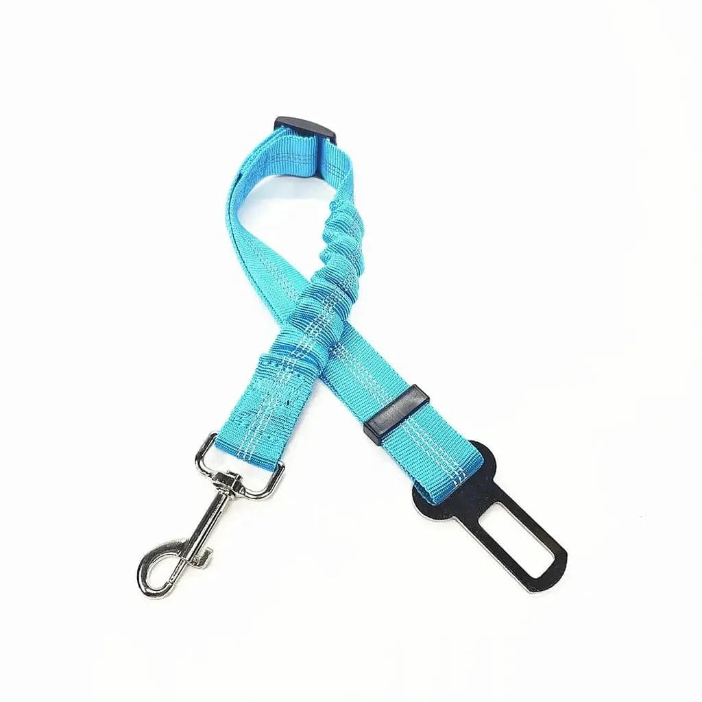 Sky blue bungee dog seat belt laid flat, showing the braided strap, sliding buckle and swivel hook