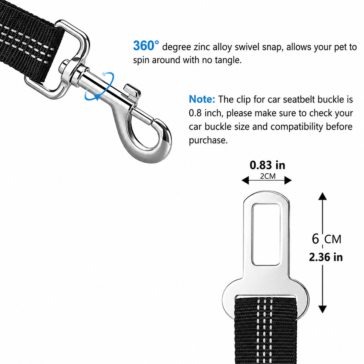 Swivel snap detail with the note that the seat belt clip is 0.83 inch wide and buyers should check their car buckle before purchase