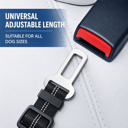 Universal adjustable length panel showing the metal tongue of the dog seat belt seated in a standard car buckle