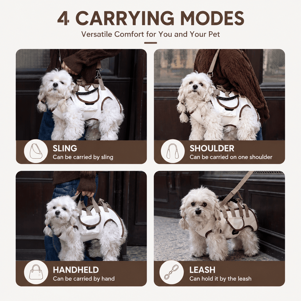 Four carrying modes of the dog sling carrier harness: sling, one shoulder, handheld and leash walking