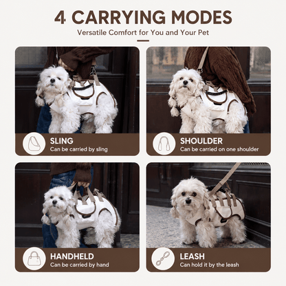 Four carrying modes of the dog sling carrier harness: sling, one shoulder, handheld and leash walking