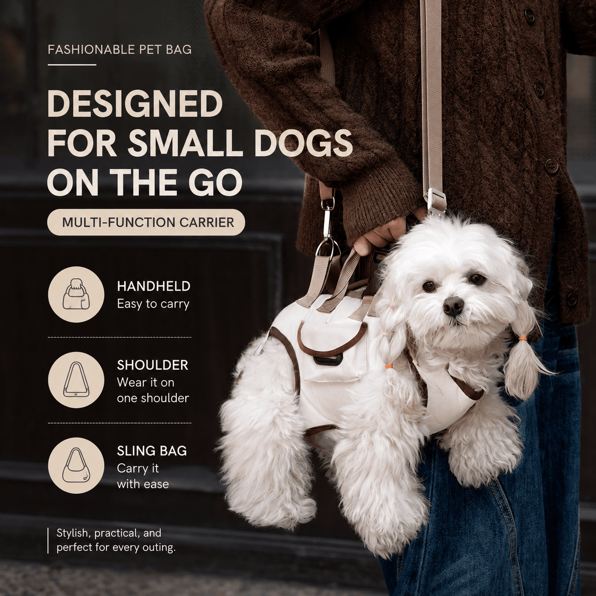 Bichon in the cream carrier harness held at the hip, with handheld, shoulder and sling bag carry options listed